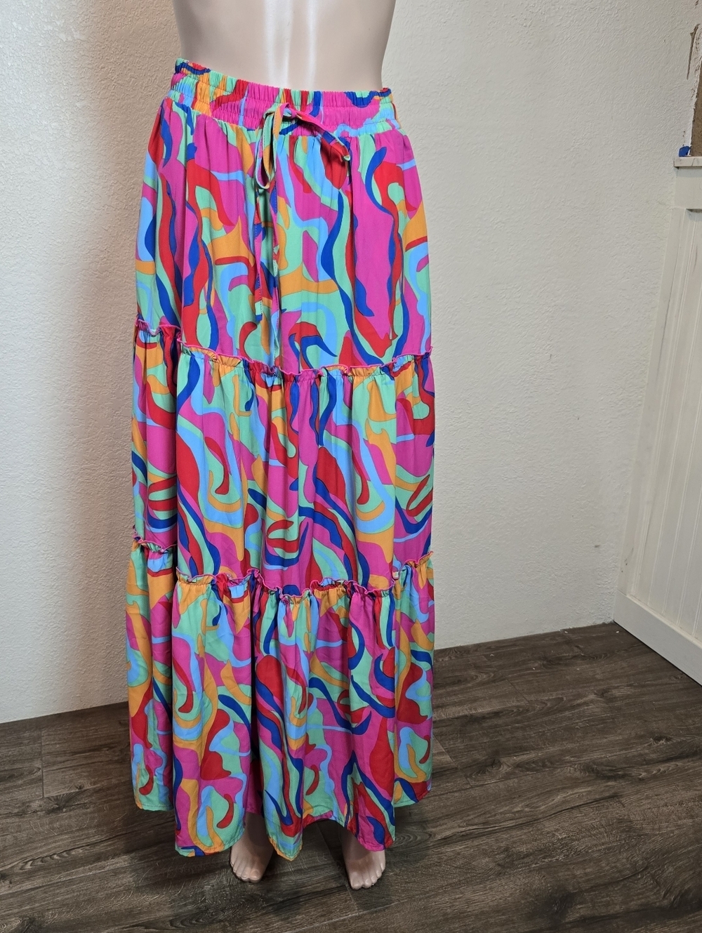 Elastic Waist A Line Midi Skirt Size S/M Drawstring Abstract Colorful Eclectic - Picture 10 of 15